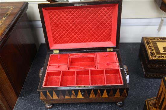 An early 19th century Tunbridge ware Vandyke marquetry sewing box and similar tea caddy, 13in.